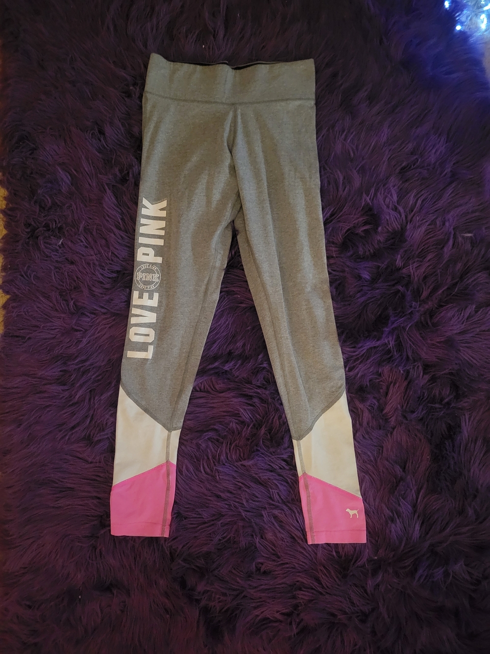 PINK Victoria's Secret Grey, White & Pink Colorblock Women Leggings - LOVE PINK